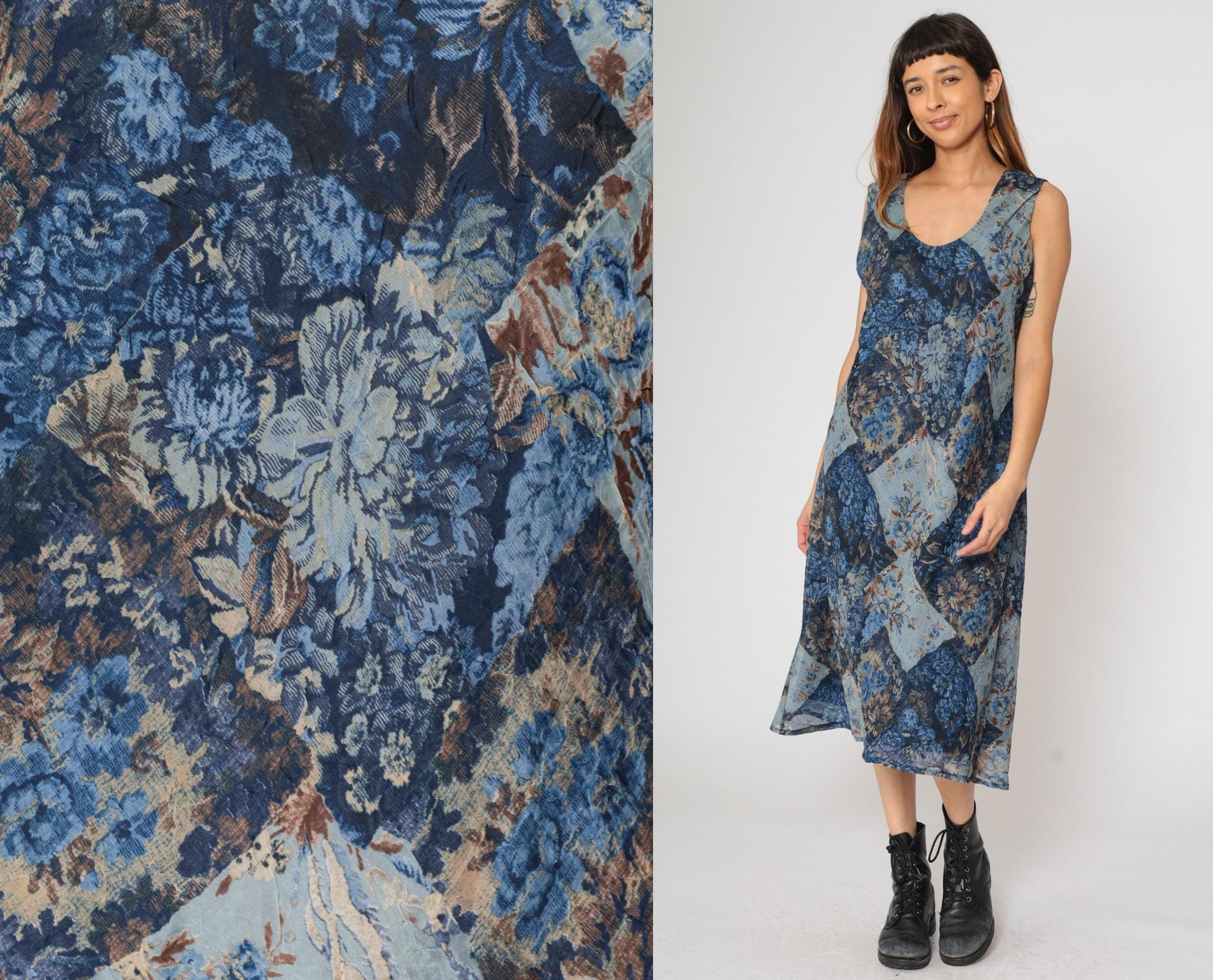 90s K Studio Patchwork Floral Midi Dress Blue Sleeveless Scoop Neck Size 18