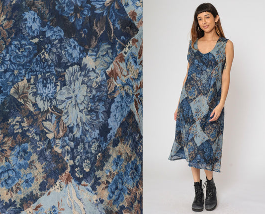 90s K Studio Patchwork Floral Midi Dress Blue Sleeveless Scoop Neck Size 18