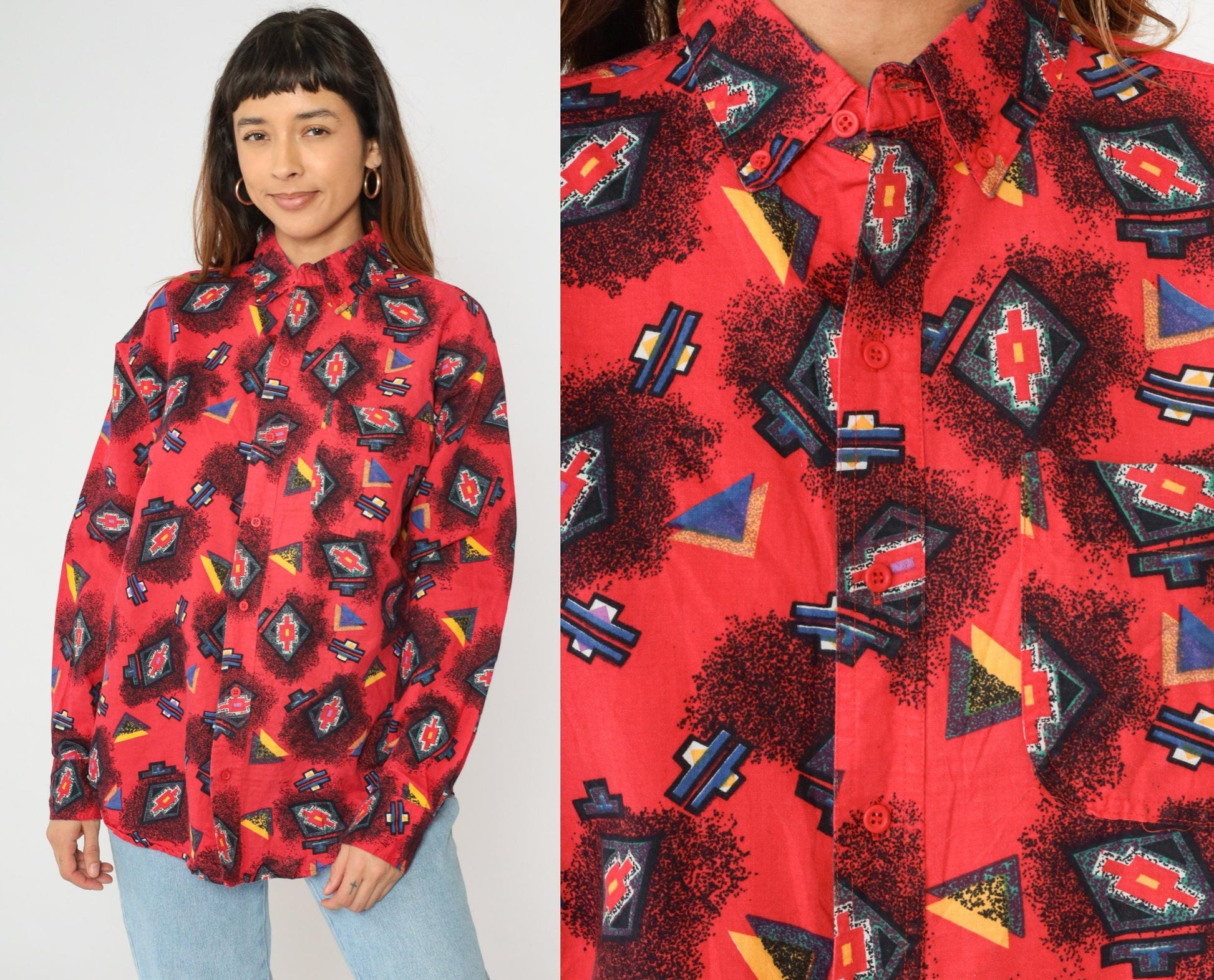 90s Pearl River Clothing Co. Red Southwestern Button Up Shirt Large L