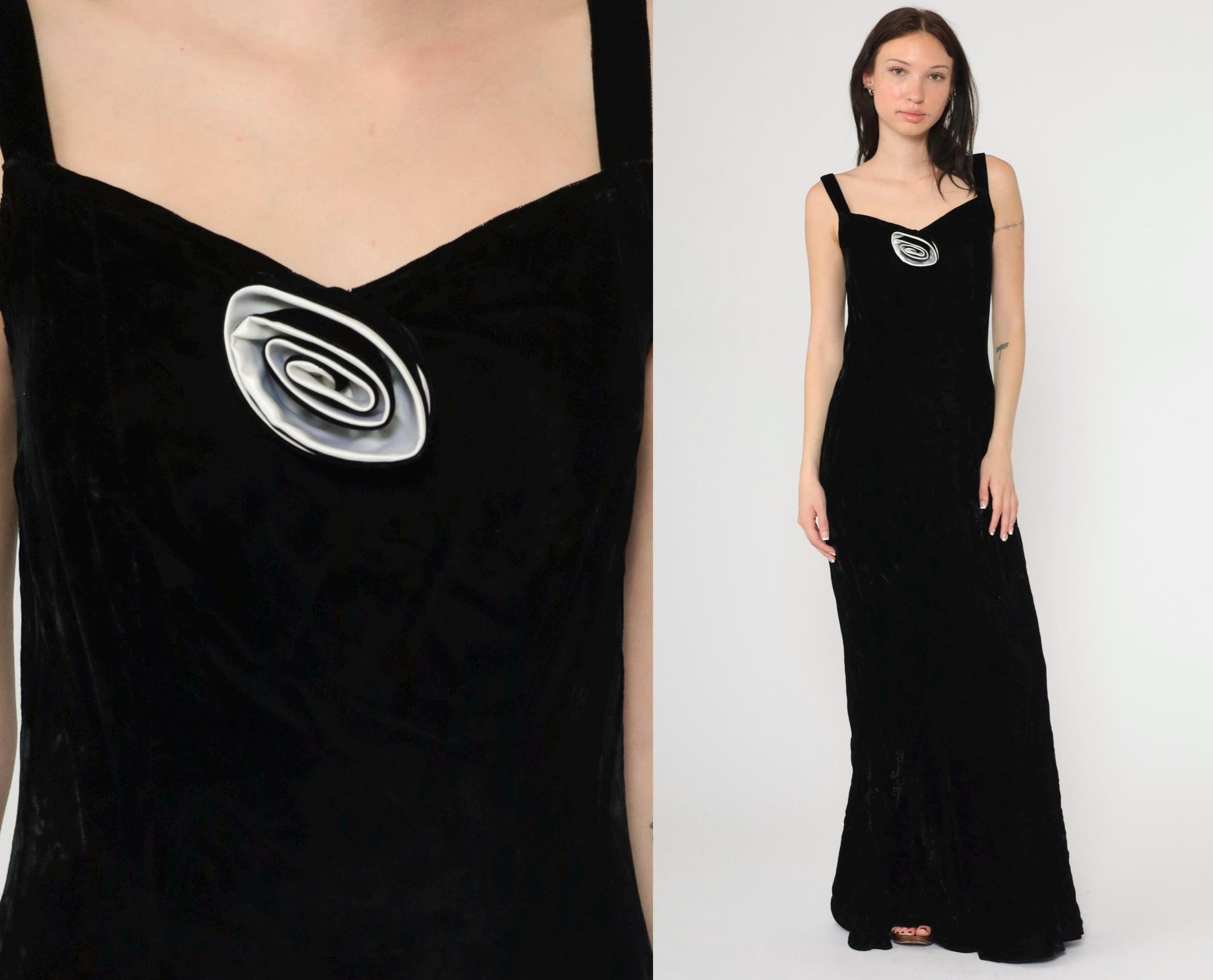 90s Black Velvet Maxi Dress Rosette Sweetheart Neckline Sleeveless Small