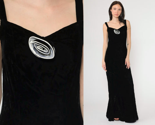 90s Black Velvet Maxi Dress Rosette Sweetheart Neckline Sleeveless Small