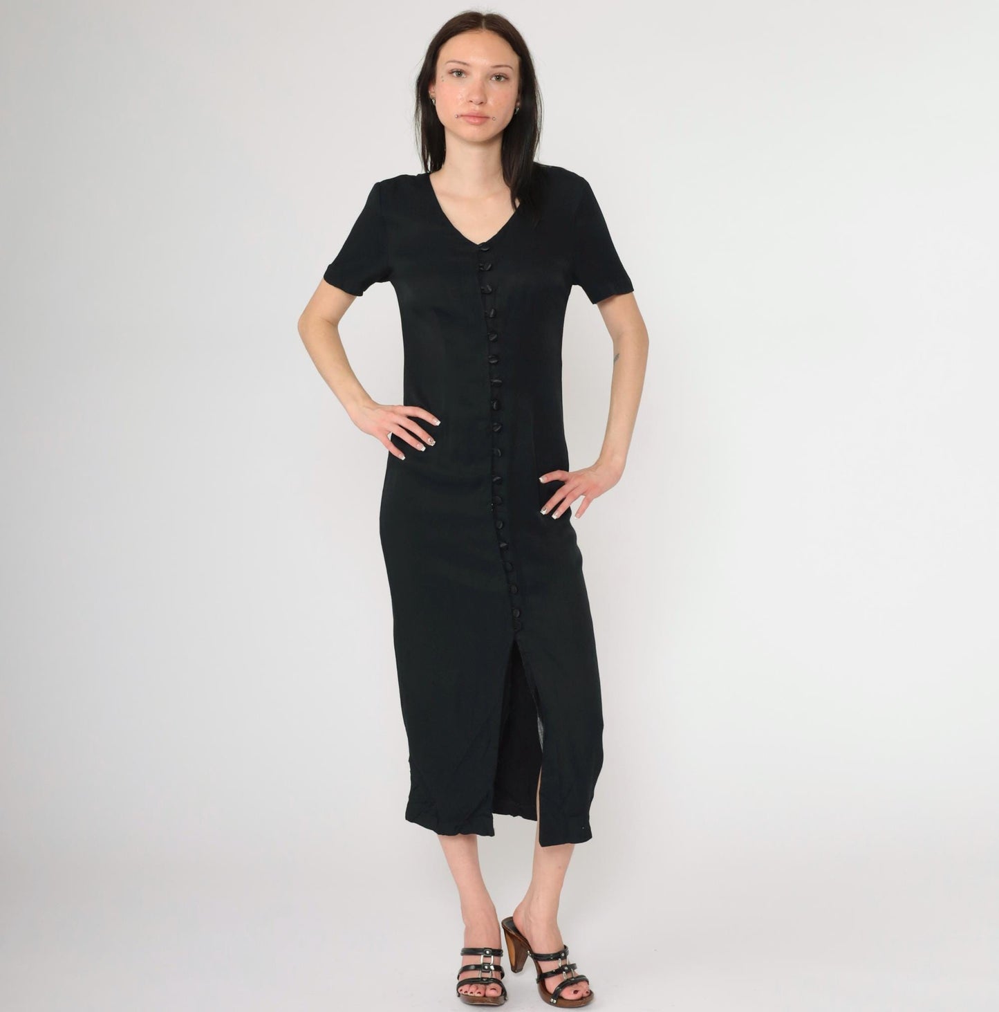 90s Betsy New York Black Midi Dress Cage Back Button Front Slit Small
