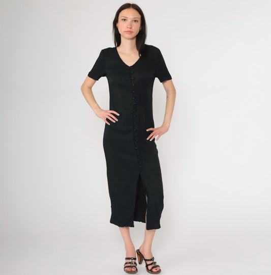 90s Betsy New York Black Midi Dress Cage Back Button Front Slit Small
