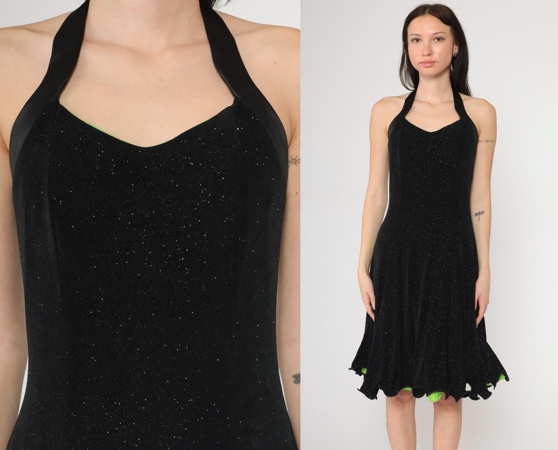 90s Black Glitter Halter Dress Lime Green Lining Knee Length Small