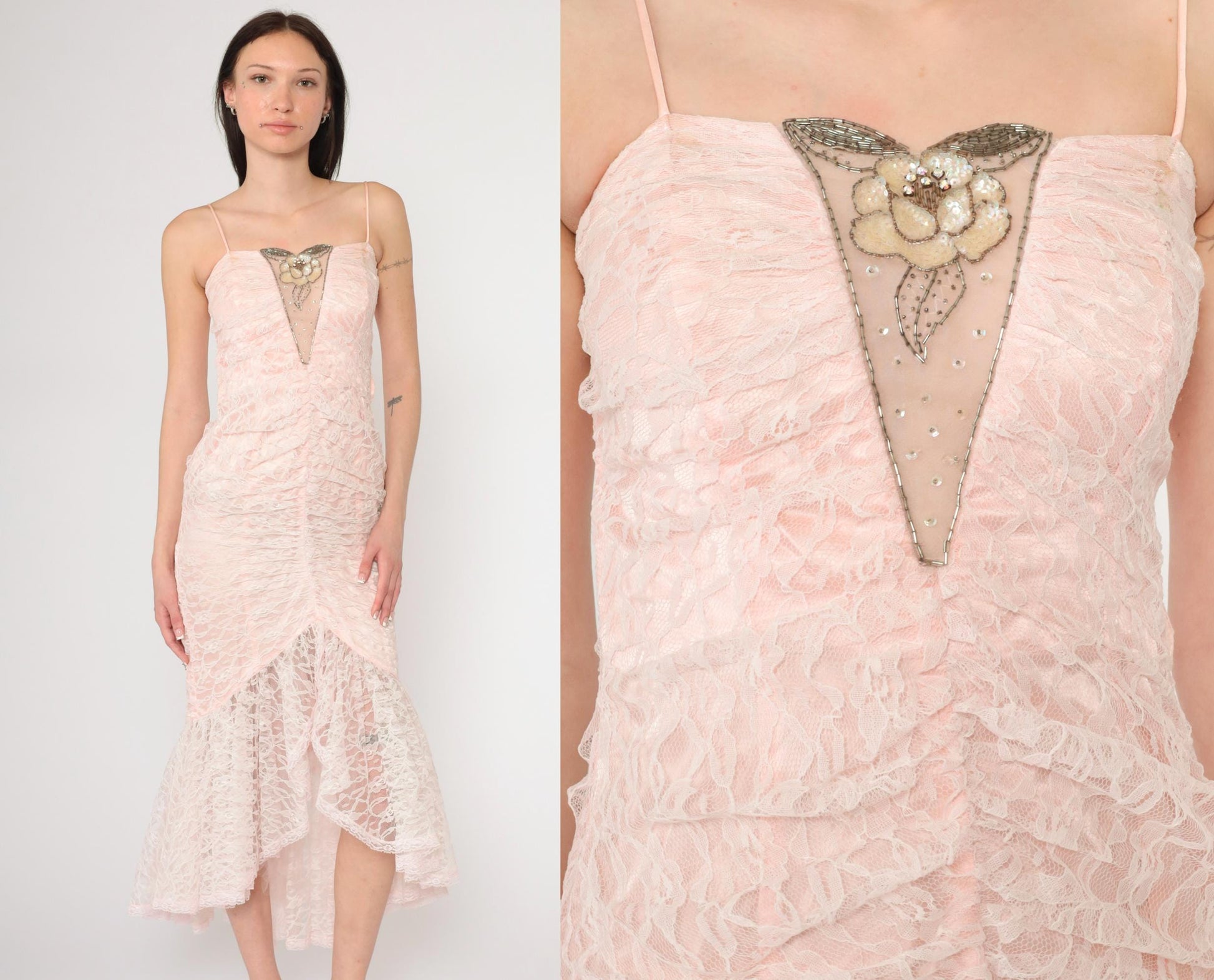 80s Pink Lace Beaded Sequin Evening Dress Sweetheart Neckline Spaghetti Strap Extra Small