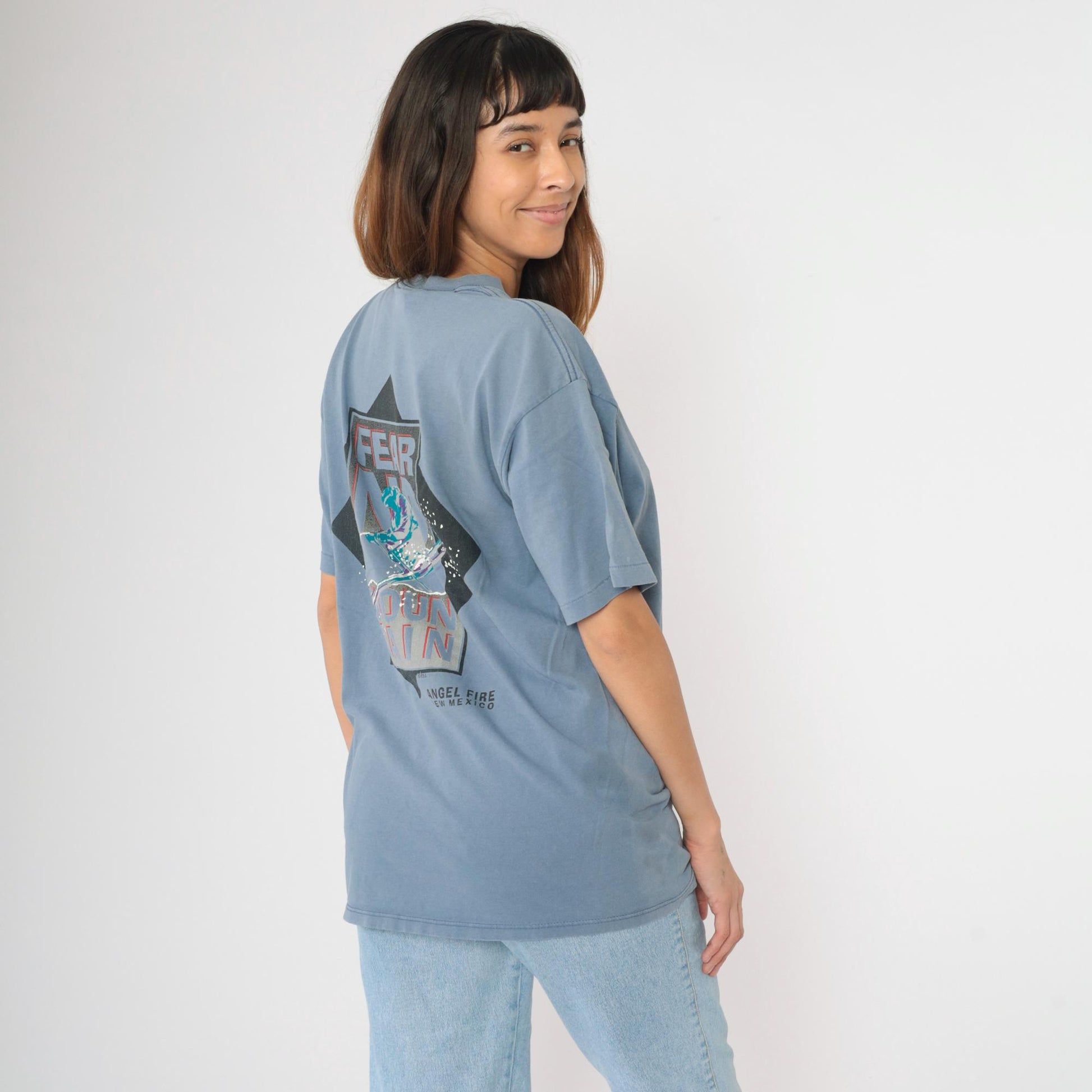 90s Angel Fire New Mexico Ski Graphic T-Shirt Blue Cotton Crewneck Large L