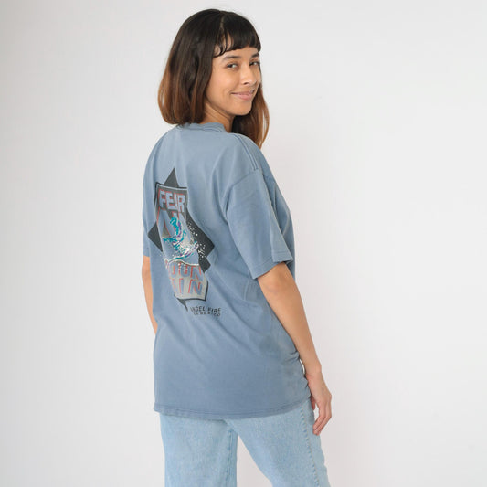 90s Angel Fire New Mexico Ski Graphic T-Shirt Blue Cotton Crewneck Large L