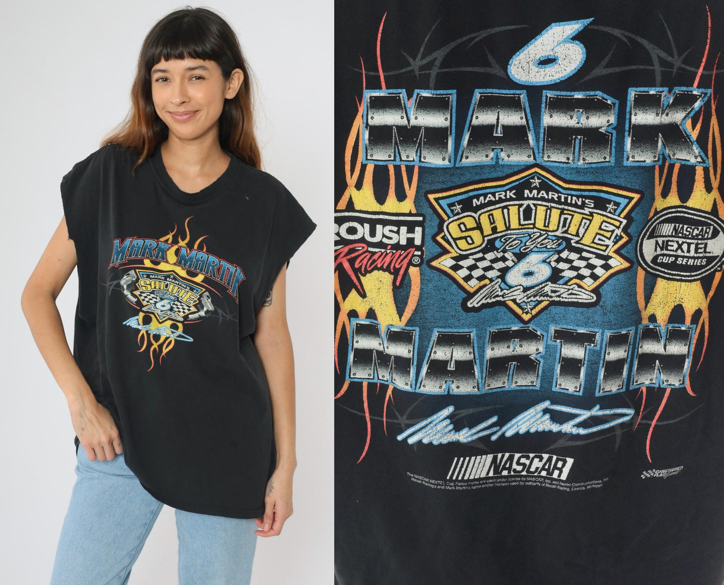 Y2K NASCAR Mark Martin Flame Graphic Muscle Tee Black XXL