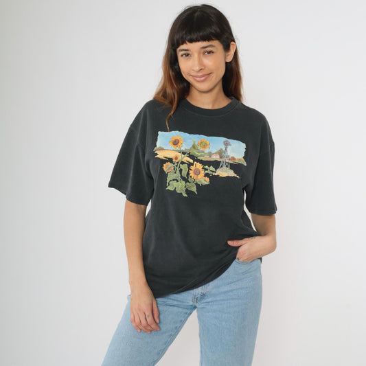 Y2K Farm Windmill Sunflower Graphic T-Shirt Black Cotton Crewneck Medium