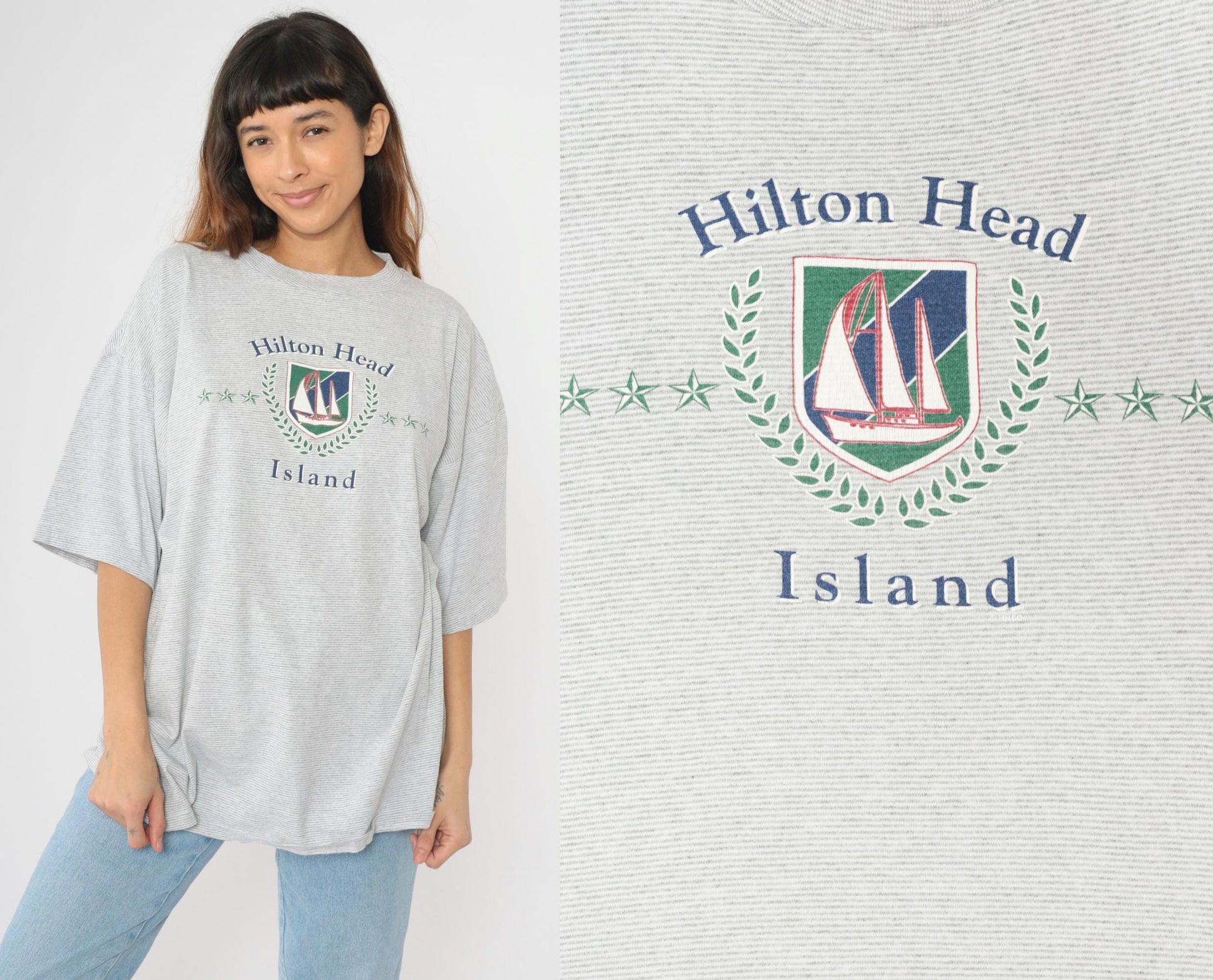 90s Hilton Head Island Sailboat Graphic T-Shirt Grey Striped Crewneck XXL