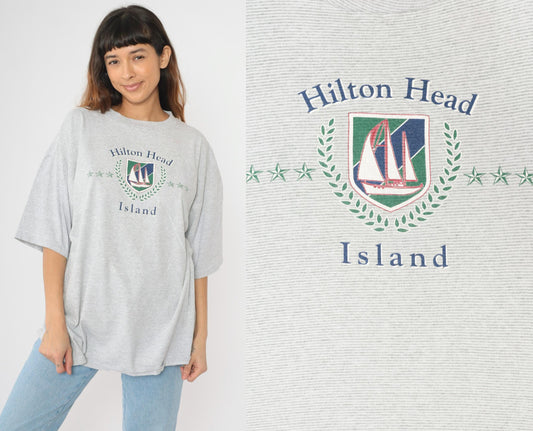 90s Hilton Head Island Sailboat Graphic T-Shirt Grey Striped Crewneck XXL