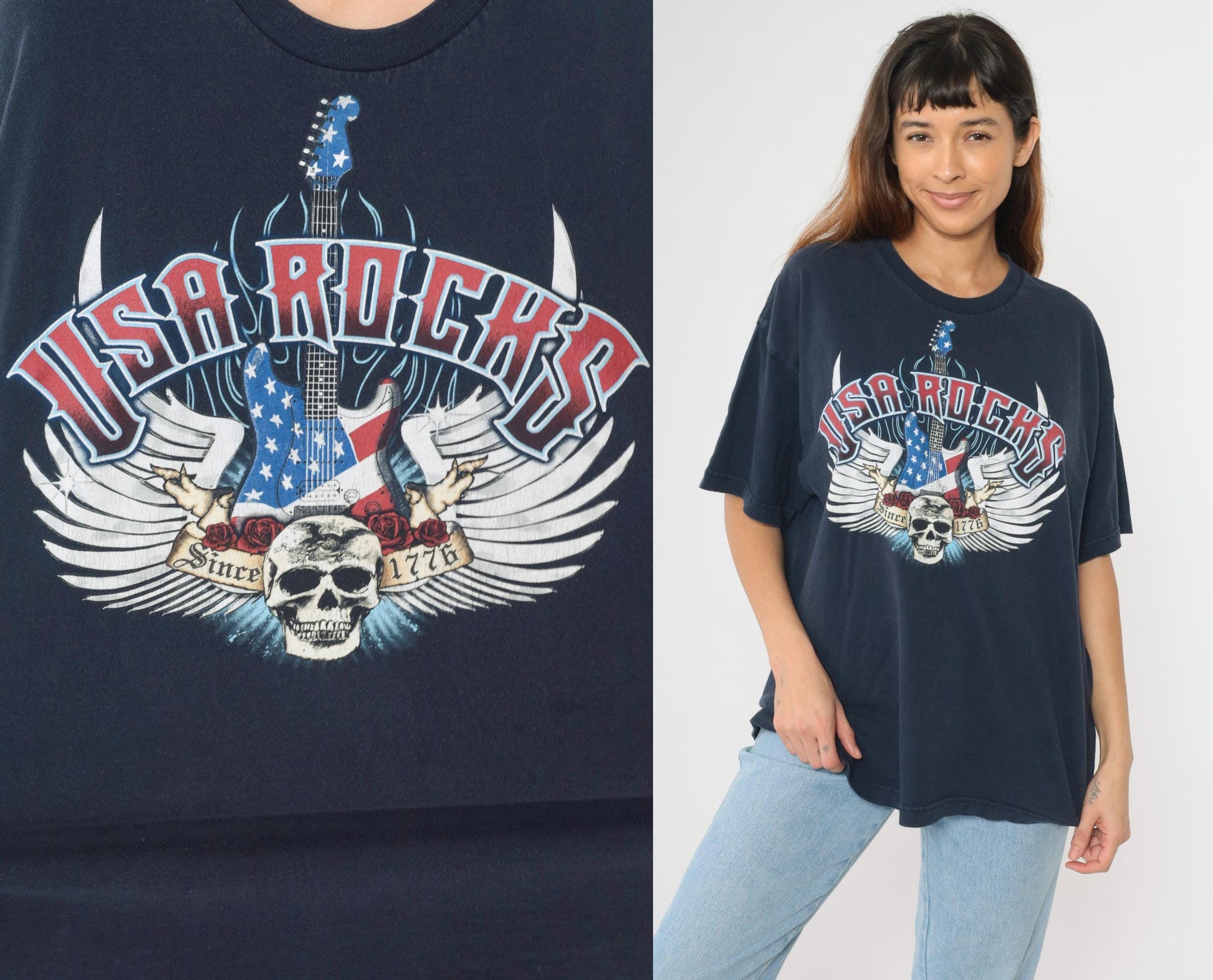 USA Rocks Skull Guitar Graphic T-Shirt Navy Cotton Crewneck Extra Large XL