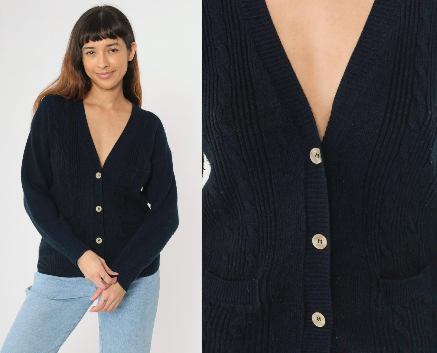 90s Navy Cable Knit Cardigan Button-Up V-Neck Sweater Small S