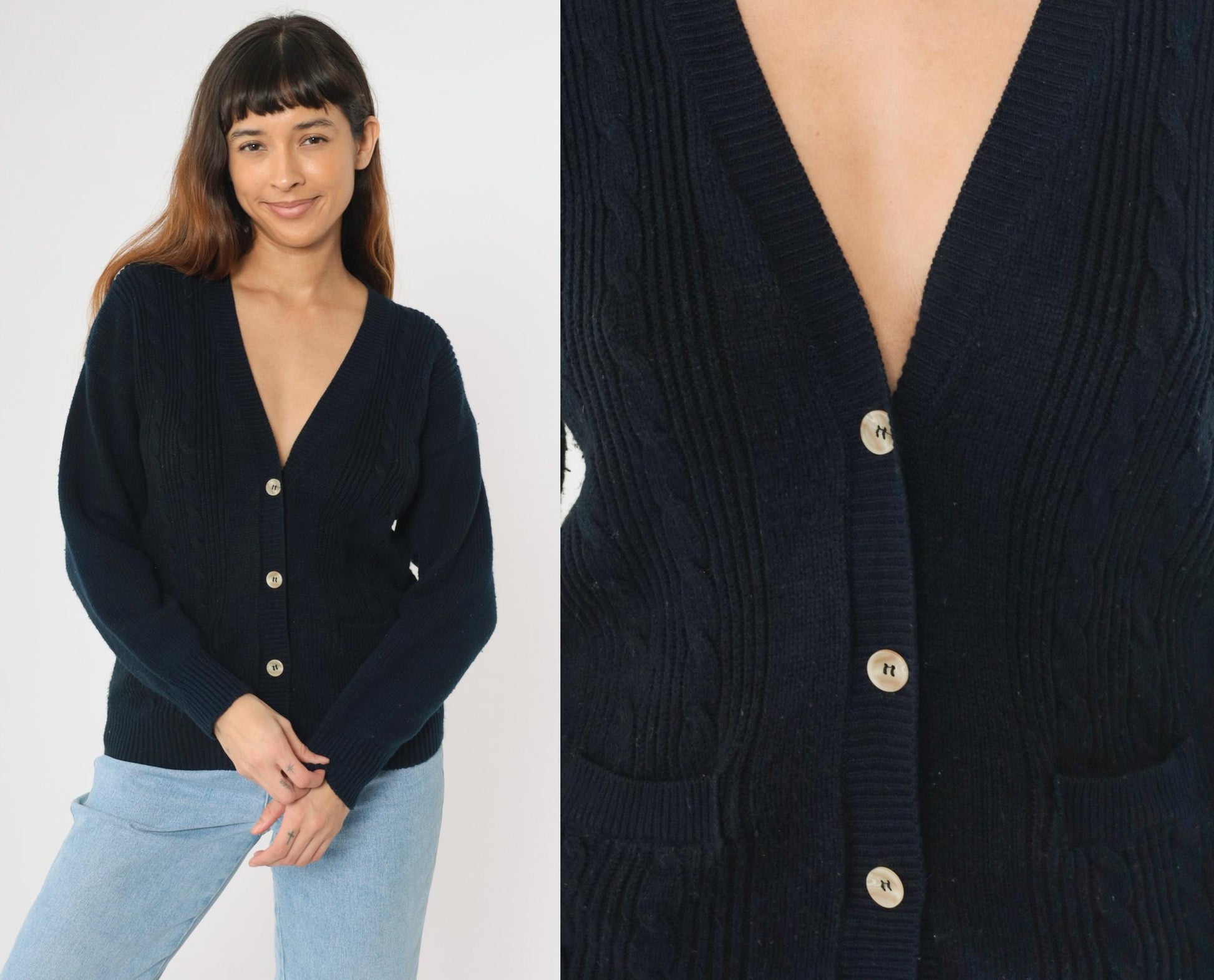 90s Navy Cable Knit Cardigan Button-Up V-Neck Sweater Small S