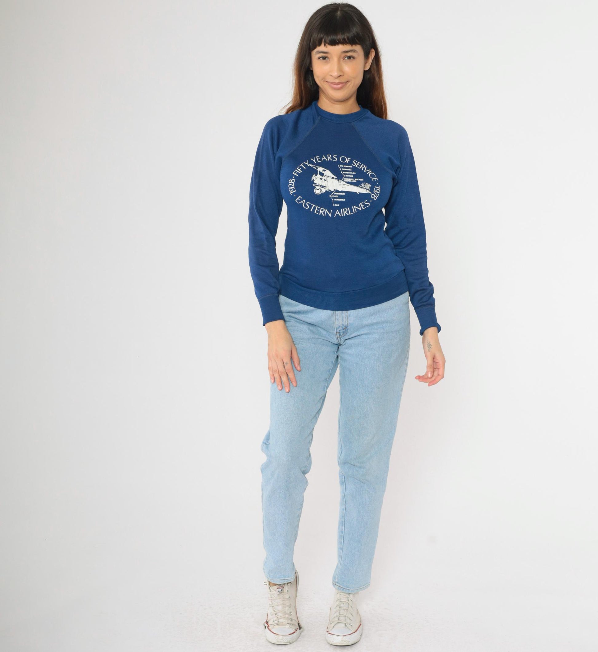 70s Eastern Airlines Sweatshirt Blue Airplane Graphic Raglan Crewneck Extra Small