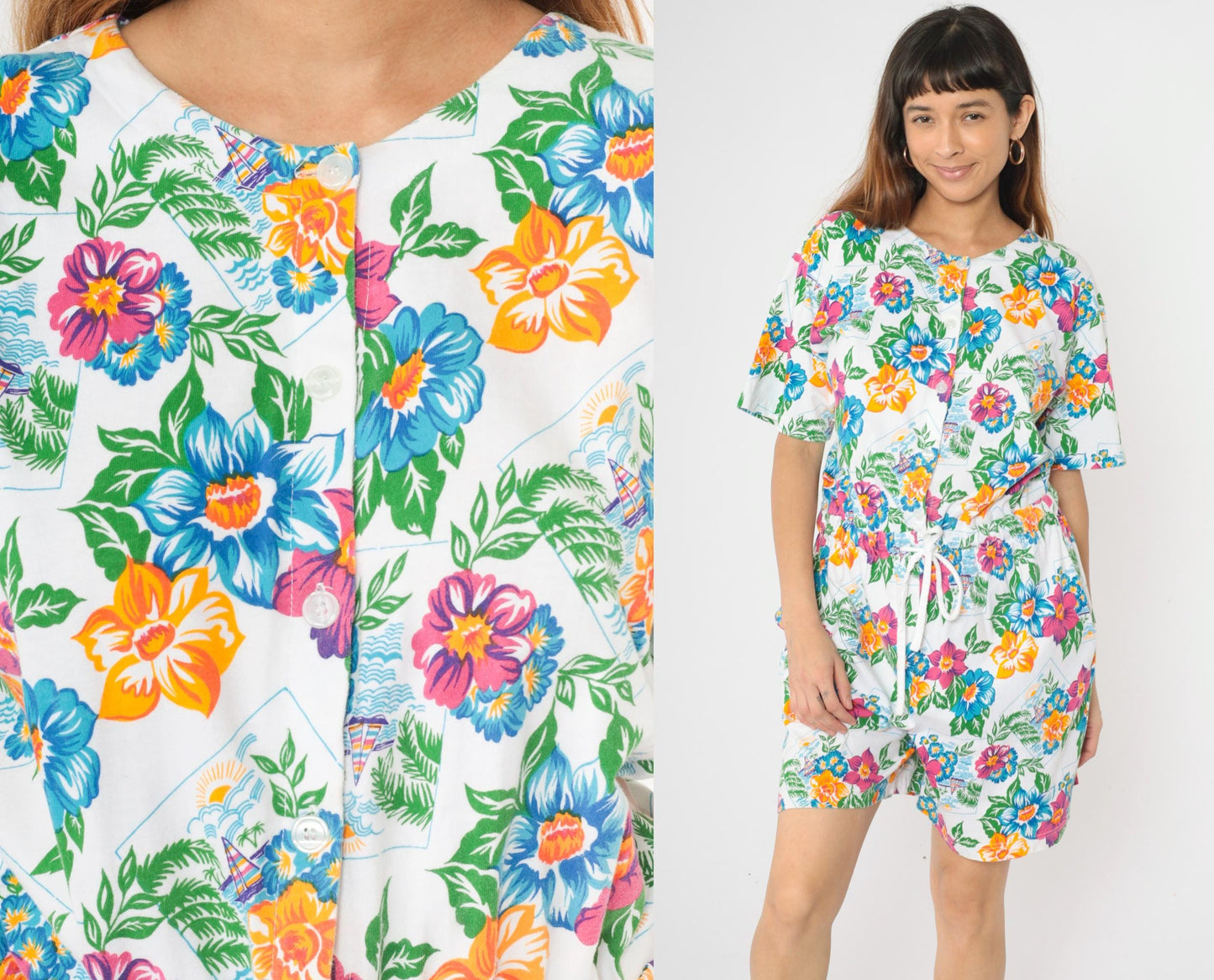 90s Tropical Floral Sailboat Romper White Cotton Button-Up Medium M