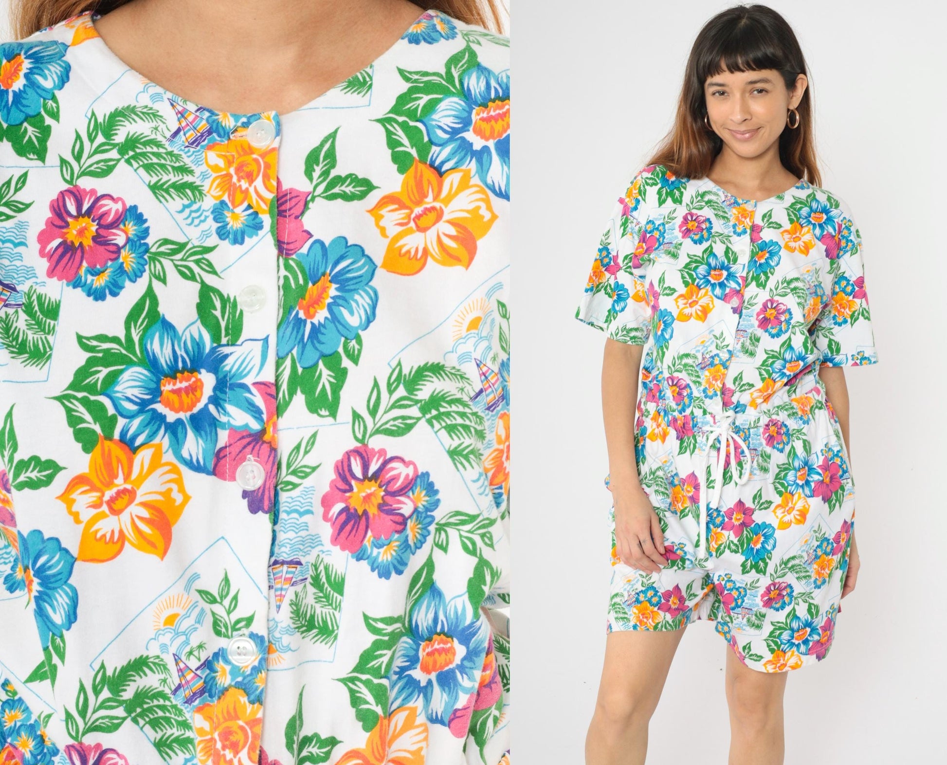 90s Tropical Floral Sailboat Romper White Cotton Button-Up Medium M