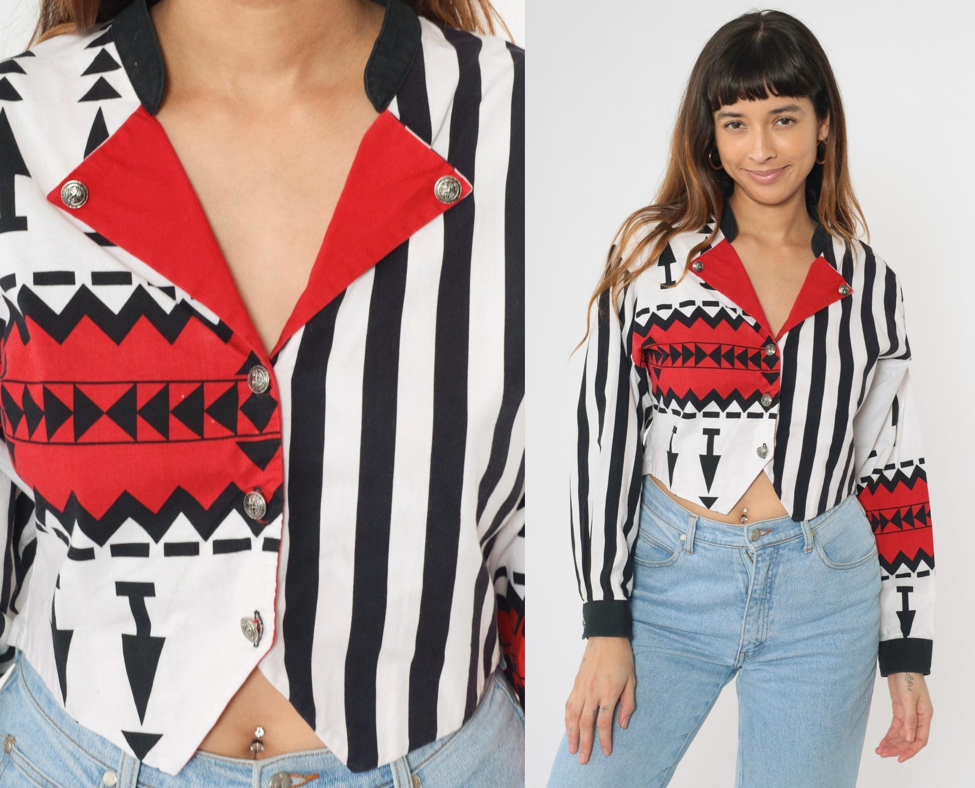 90s Mo Betta Western Crop Top Long Sleeve Button Up Red White Black Striped Medium