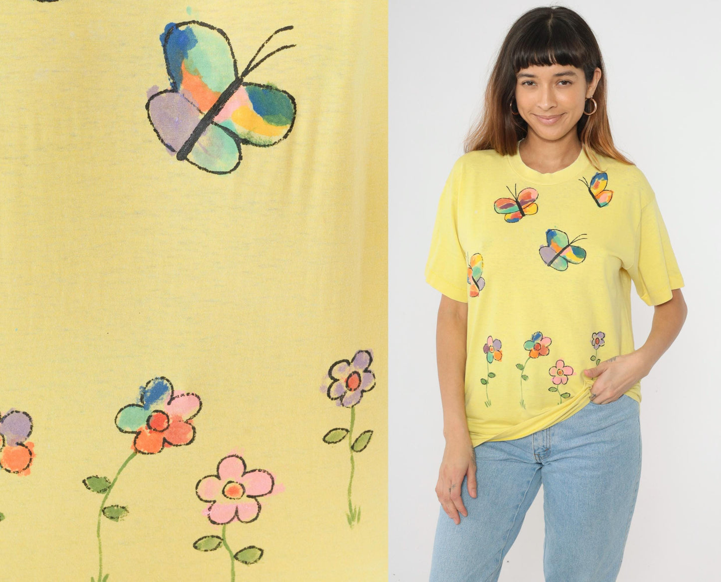 90s Fruit of the Loom Floral Butterfly Graphic T-Shirt Yellow Single Stitch Large L