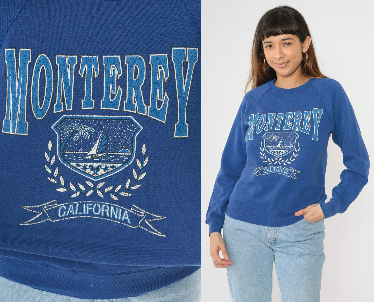 90s Monterey California Sailboat Sweatshirt Lee Blue Raglan Crewneck Small
