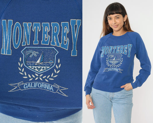 90s Monterey California Sailboat Sweatshirt Lee Blue Raglan Crewneck Small