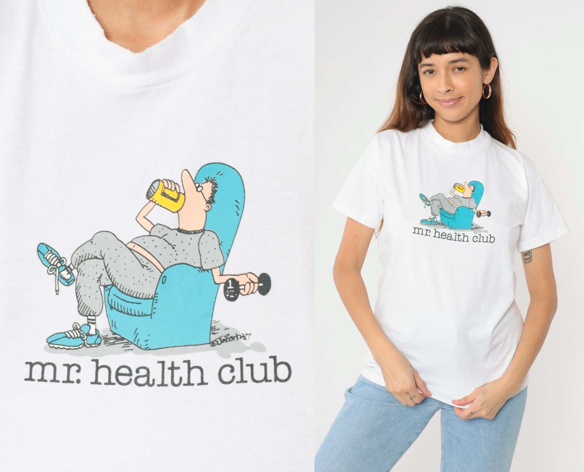 90s Jim Benton Mr. Health Club Graphic T-Shirt White Cotton Medium M