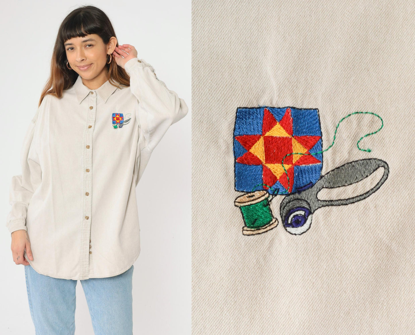 90s Three Rivers Beige Denim Shirt Quilting Embroidery Button Up Extra Large XL