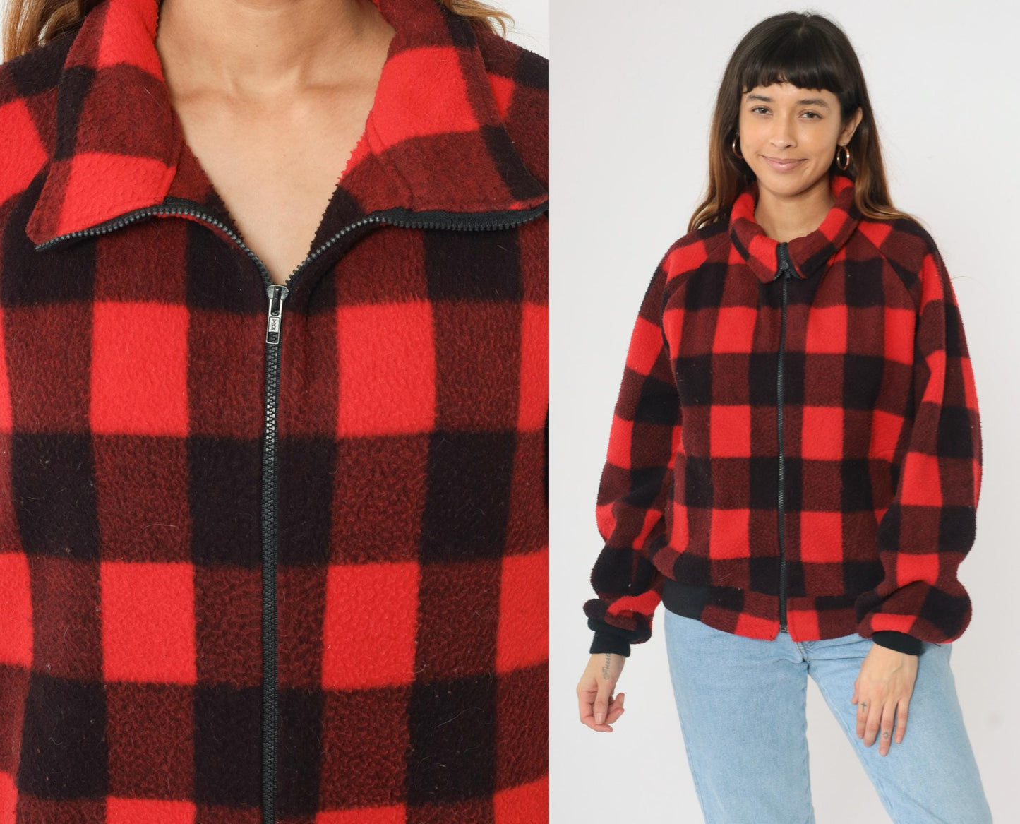 90s Buffalo Plaid Polar Fleece Zip Jacket Red Black Check Medium