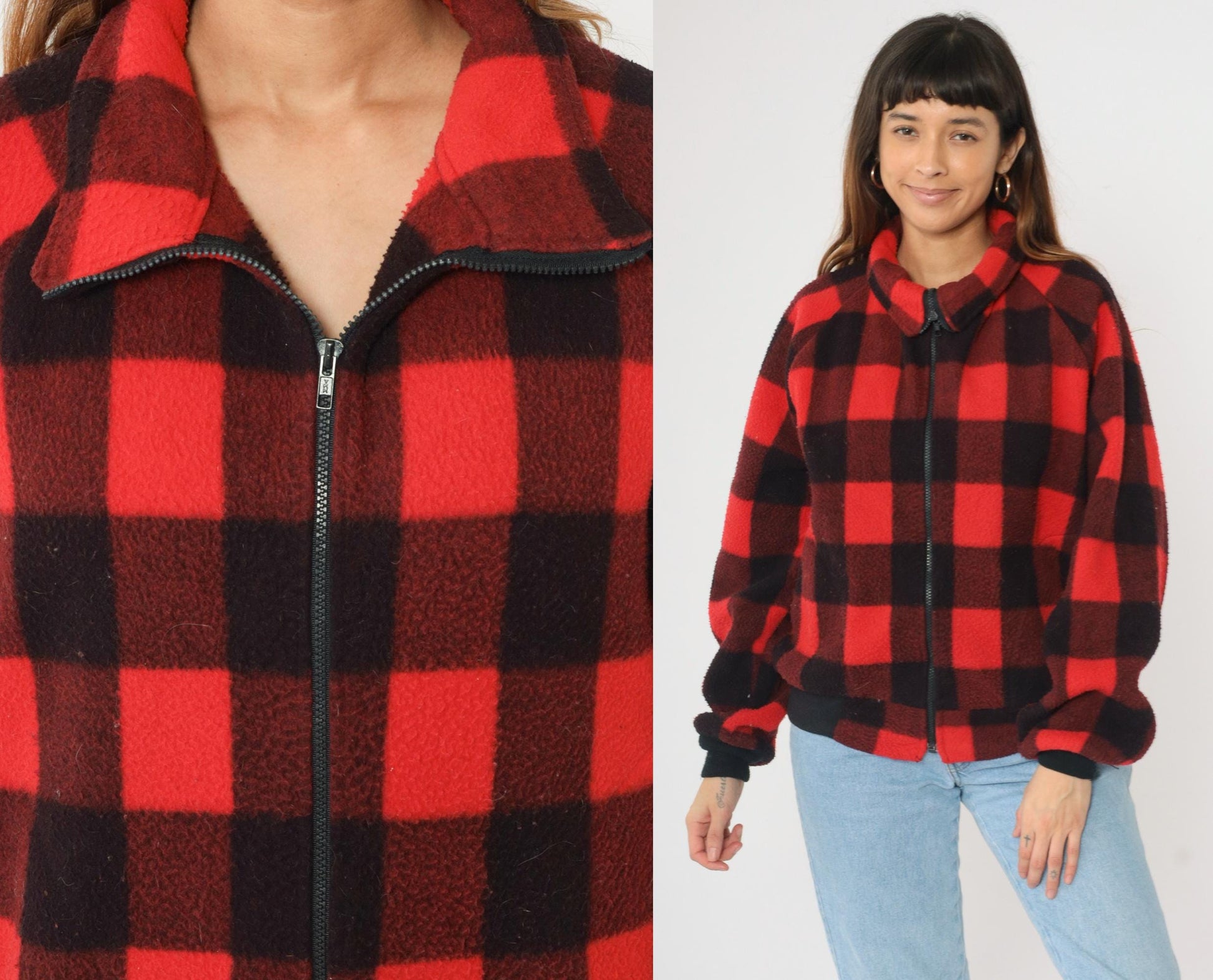 90s Buffalo Plaid Polar Fleece Zip Jacket Red Black Check Medium