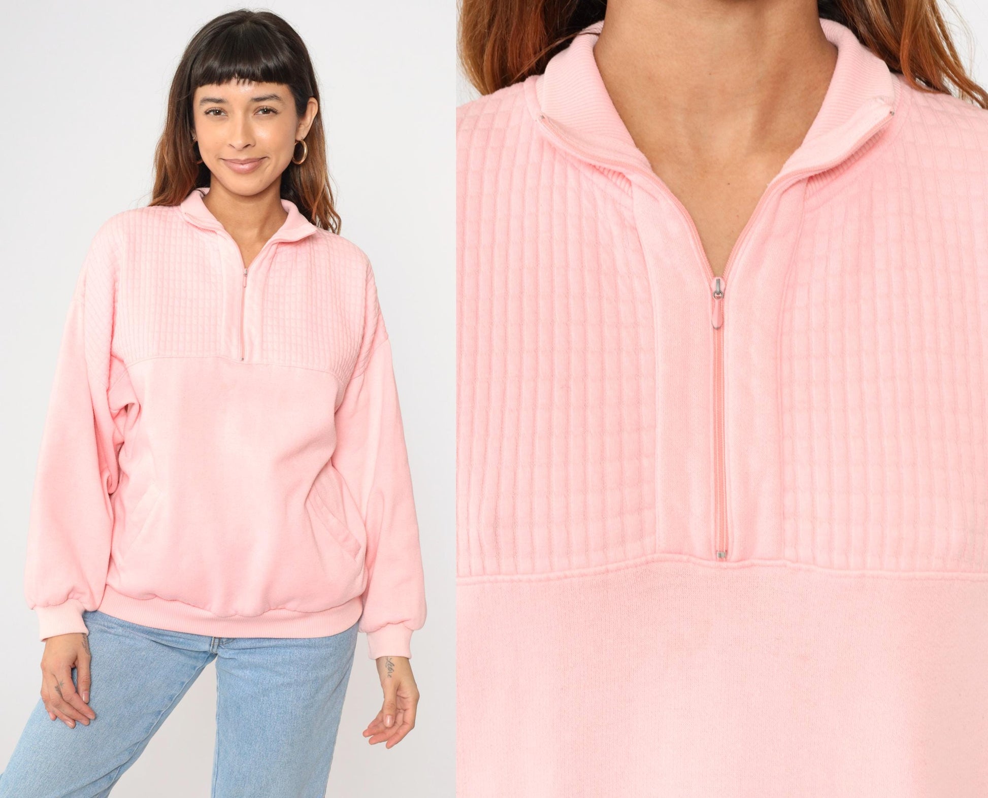 90s Pink Quarter Zip Sweatshirt Collared Pullover Blank Extra Large XL