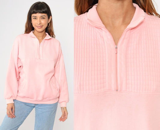 90s Pink Quarter Zip Sweatshirt Collared Pullover Blank Extra Large XL