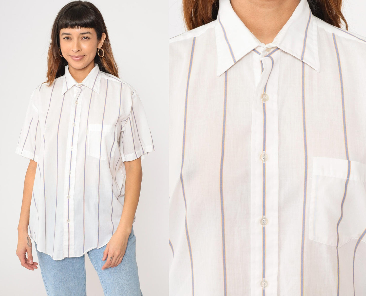 80s White Striped Semi-Sheer Button-Up Shirt Short Sleeve Collar Large L