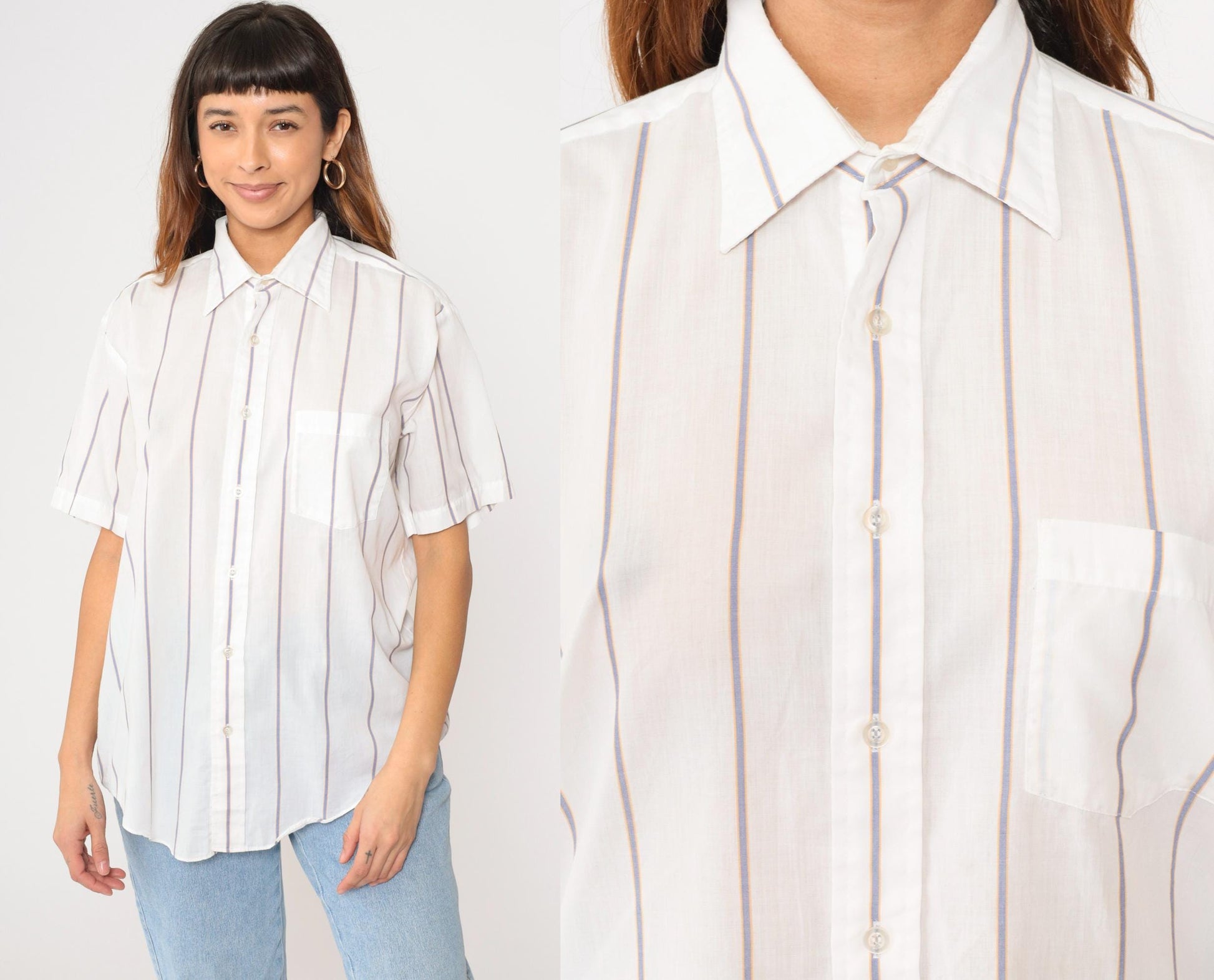 80s White Striped Semi-Sheer Button-Up Shirt Short Sleeve Collar Large L