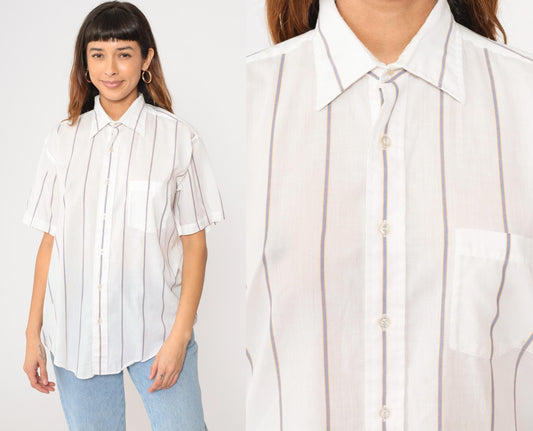 80s White Striped Semi-Sheer Button-Up Shirt Short Sleeve Collar Large L