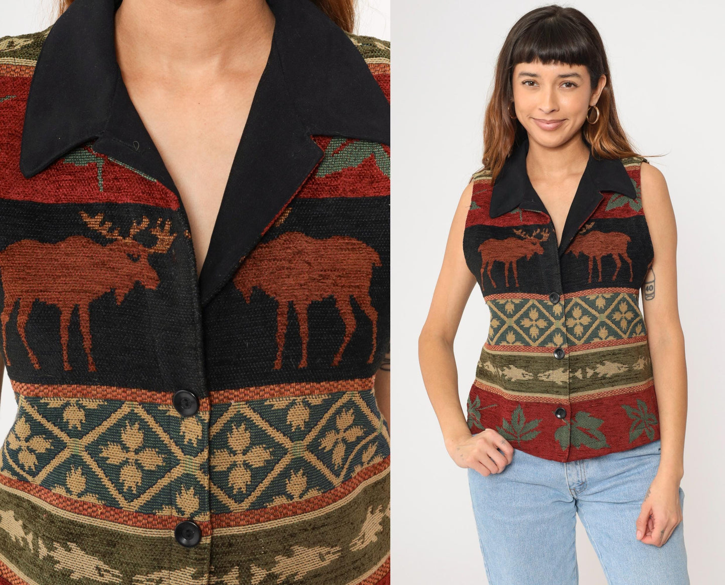 Y2K Coldwater Creek Tapestry Vest Moose Leaves Button-Up Medium