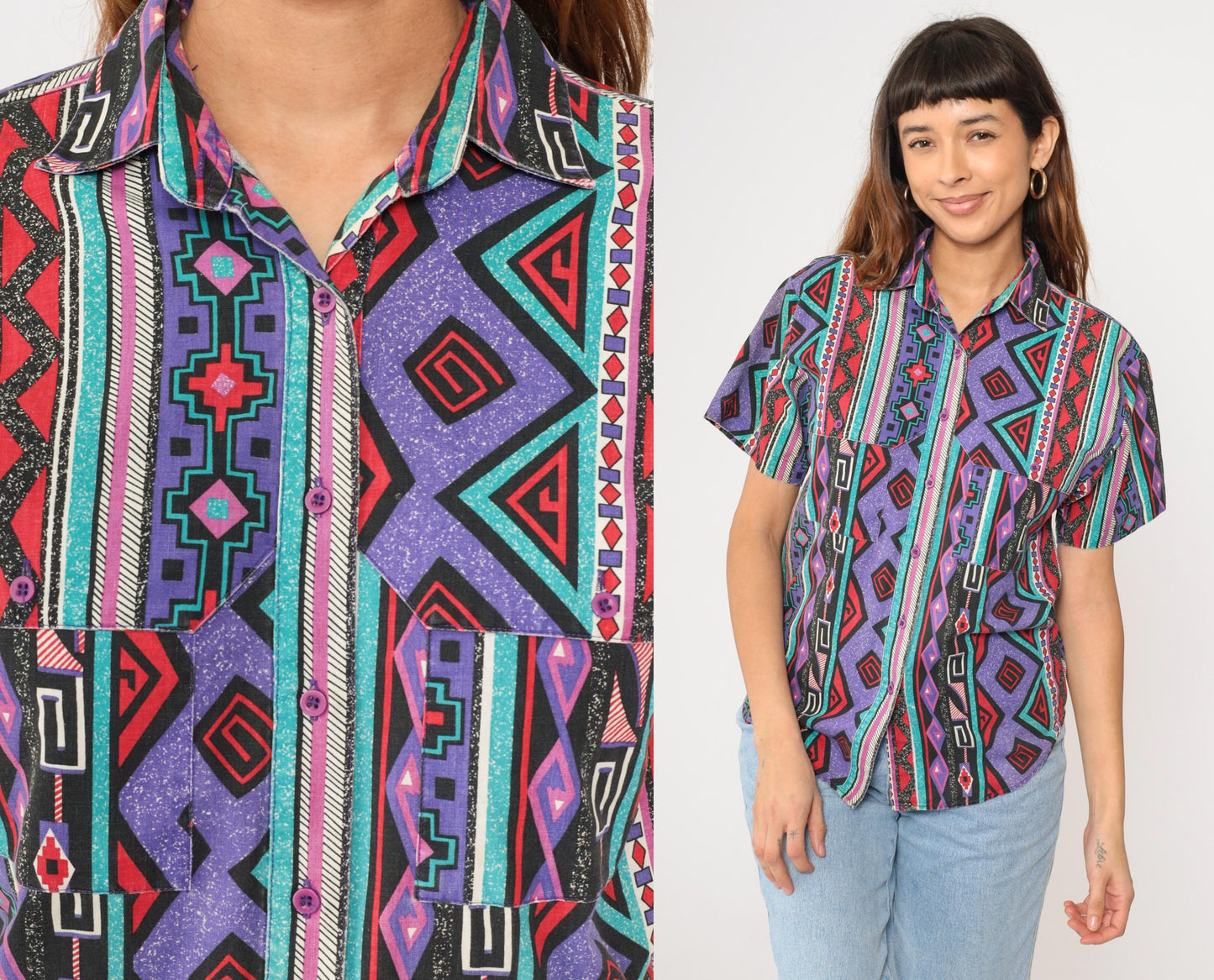 90s Wrangler Southwestern Striped Button-Up Shirt Purple Short Sleeve Small