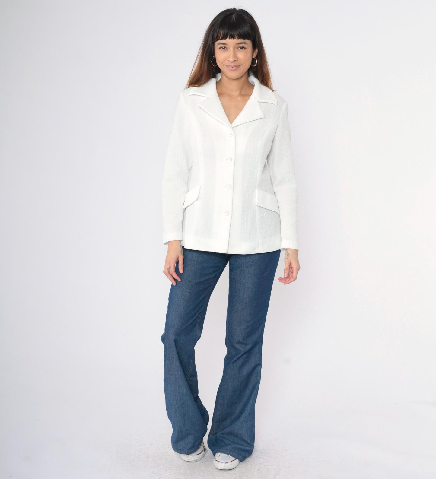 70s White Textured Polyester Blazer Button-Up Jacket Deep V Small
