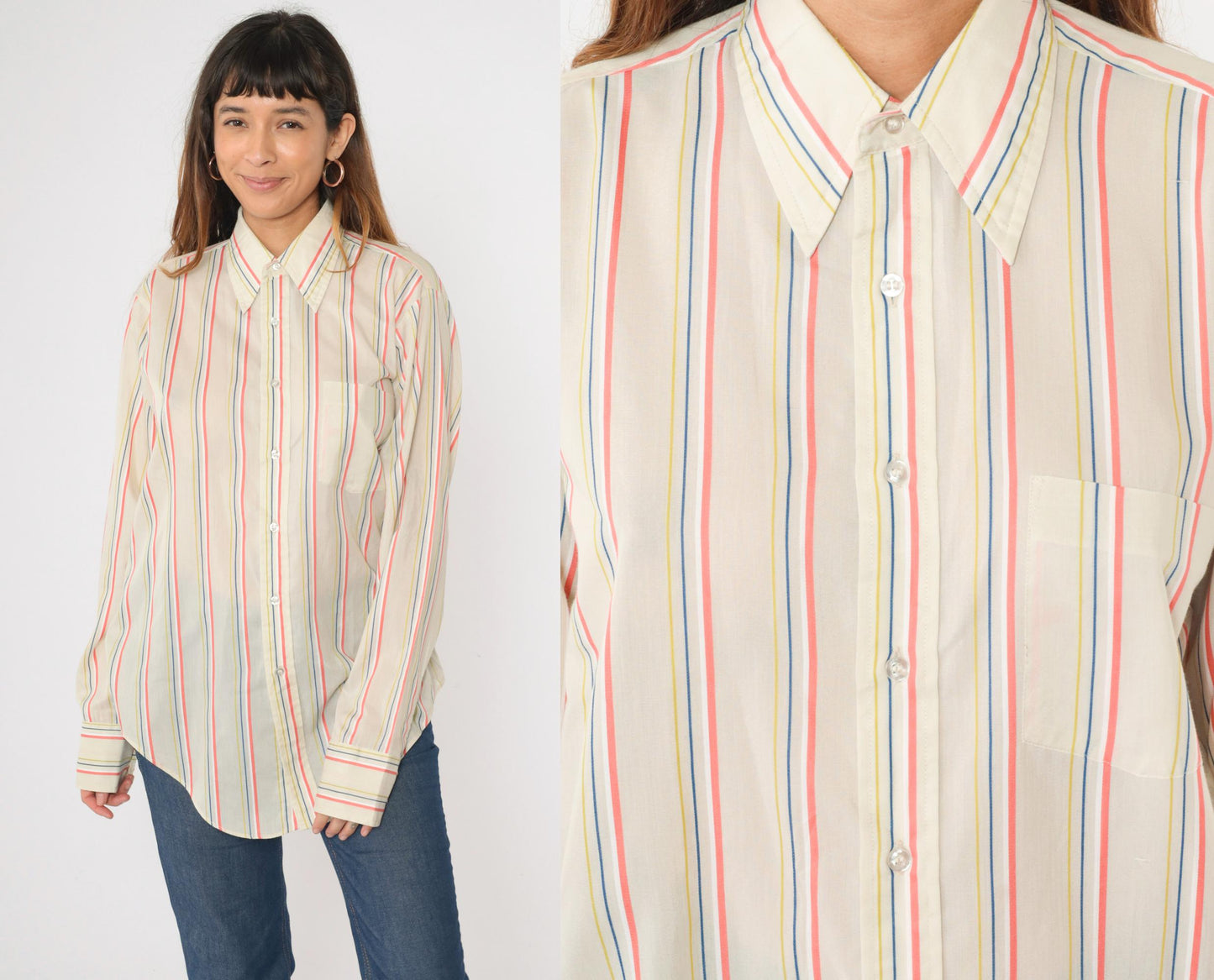 70s Arrow Collar Striped Button-Up Shirt Pointed Collar Coral Yellow Blue Medium