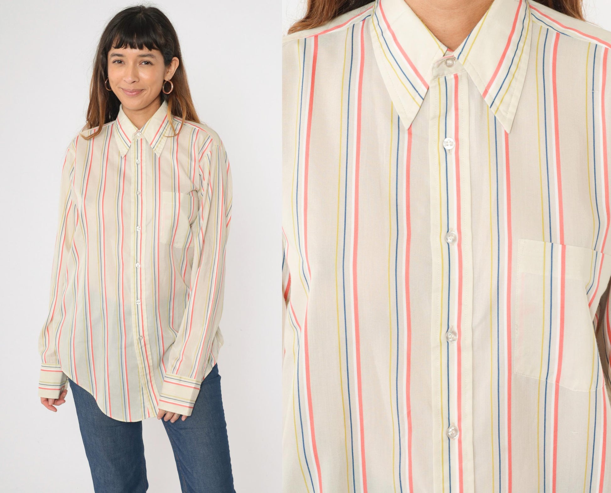 70s Arrow Collar Striped Button-Up Shirt Pointed Collar Coral Yellow Blue Medium