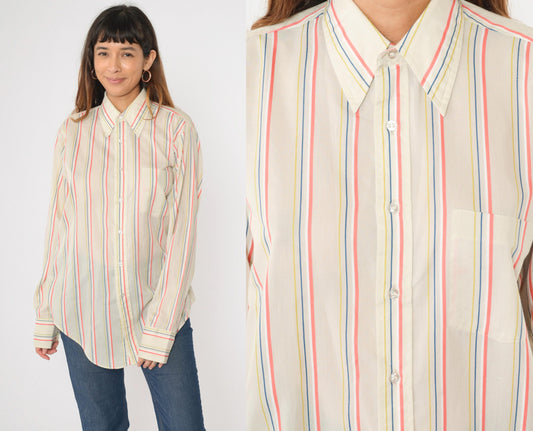70s Arrow Collar Striped Button-Up Shirt Pointed Collar Coral Yellow Blue Medium
