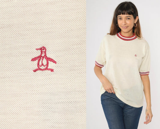80s Munsingwear Grand Slam Penguin Ringer Tee Cream Red Striped Medium