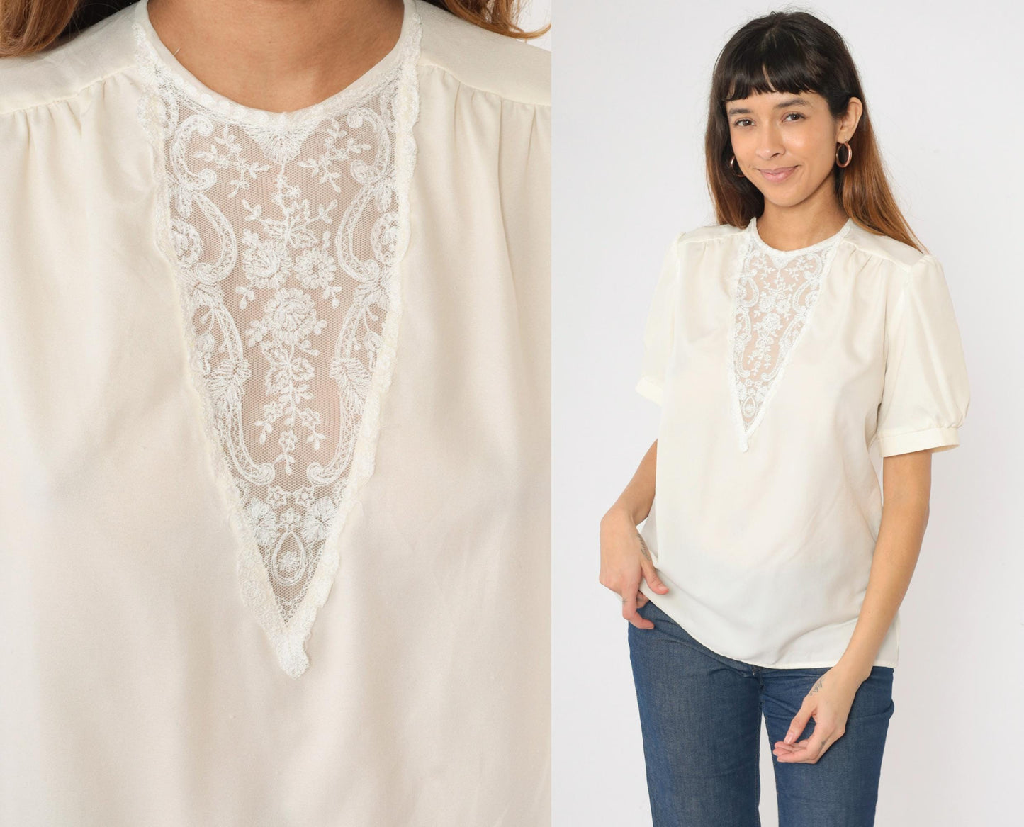70s Victorian Cream Blouse Embroidered Lace Yoke Puff Sleeve Medium M