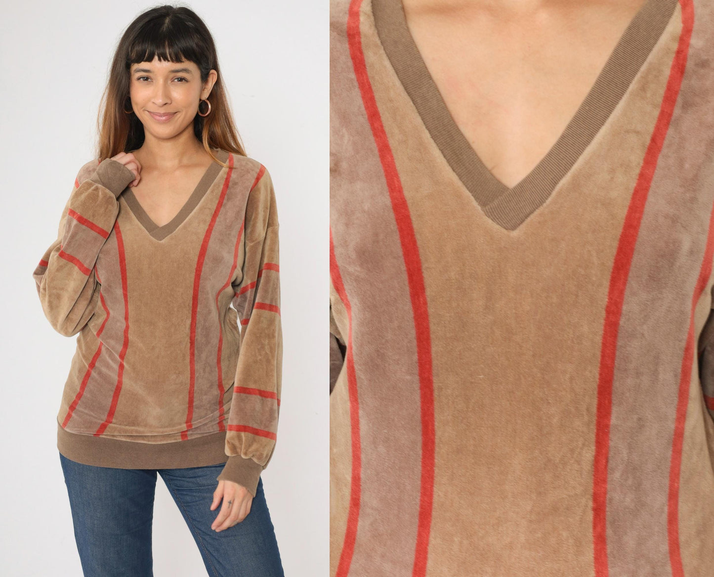 80s Bay Club Velour Sweatshirt Brown Red Striped V-Neck Small