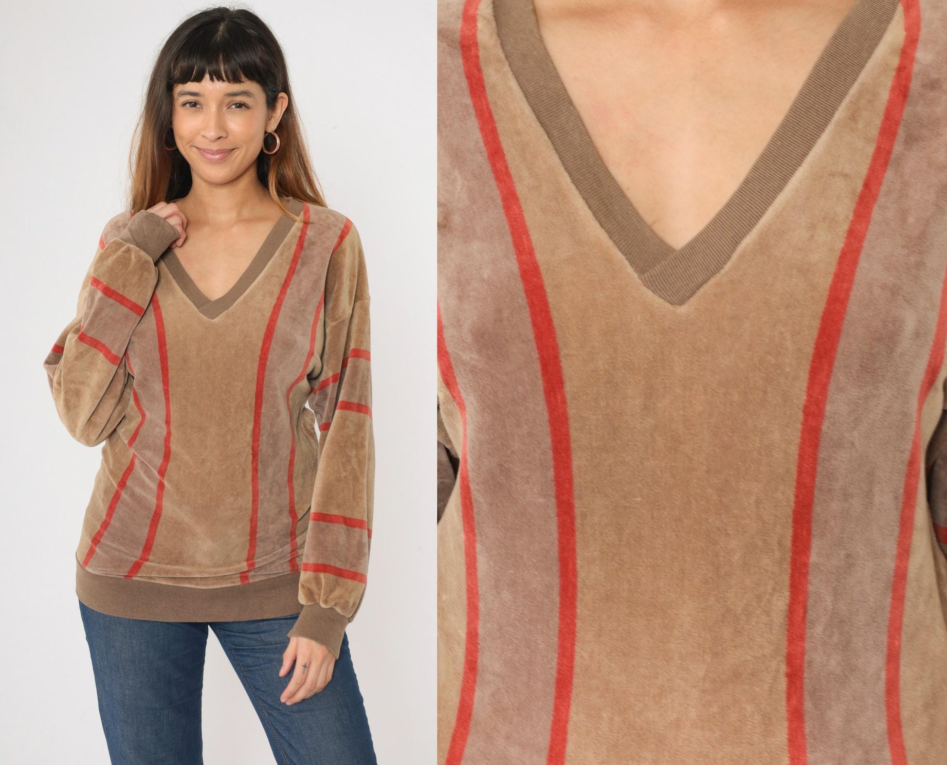 80s Bay Club Velour Sweatshirt Brown Red Striped V-Neck Small