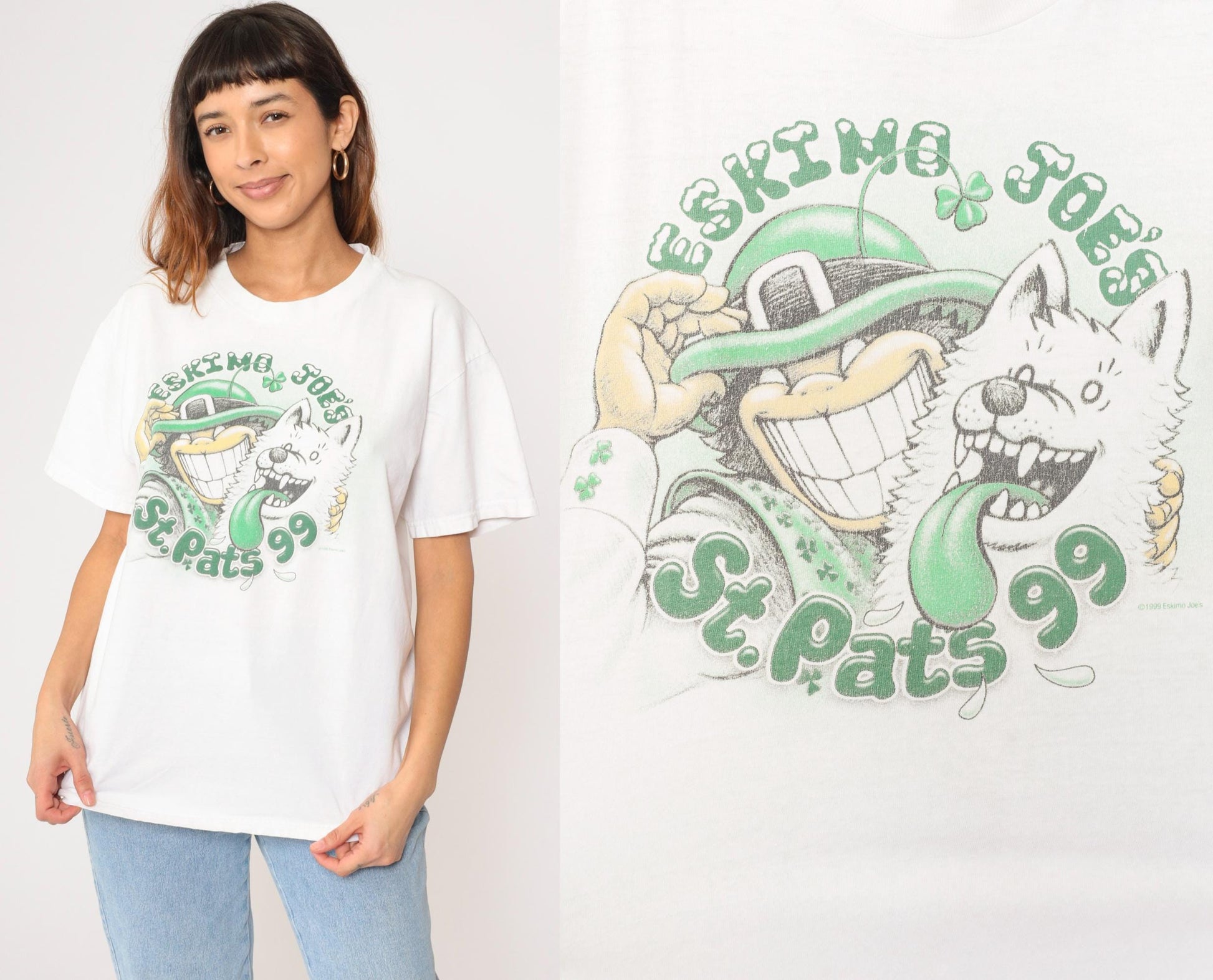 90s Eskimo Joe's St. Patrick's Day T-Shirt Green Graphic Dog Shamrock Stillwater Large L