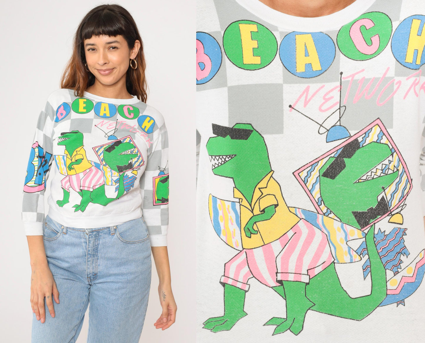 80s Beach Network Dinosaur T-Rex Sweatshirt Colorful All Over Print Extra Small