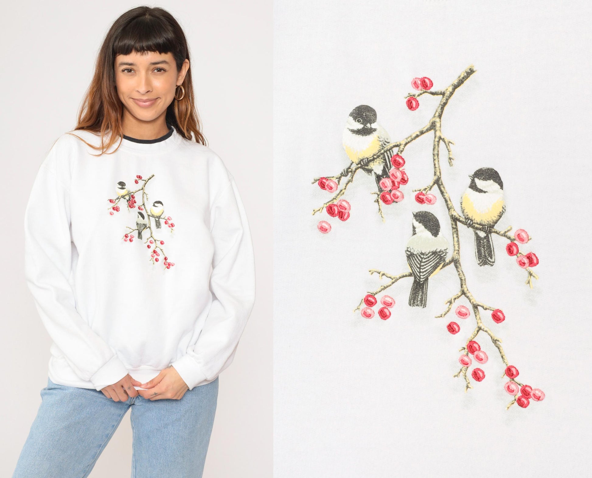 90s Chickadee Bird Sweatshirt White Double Collar Graphic Crewneck Large L