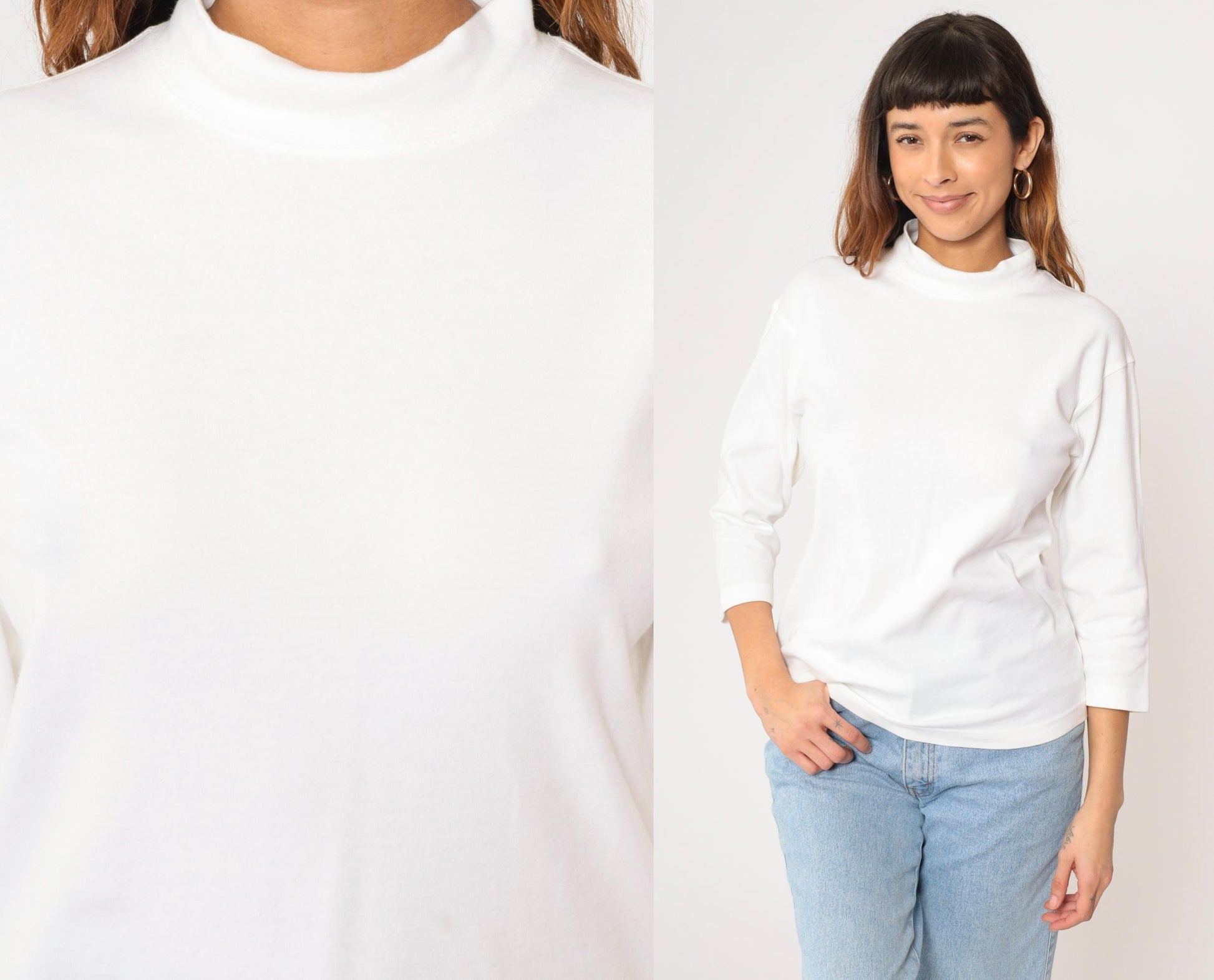90s Norm Thompson White Mock Neck 3/4 Sleeve T-Shirt Small S