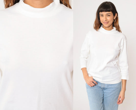90s Norm Thompson White Mock Neck 3/4 Sleeve T-Shirt Small S