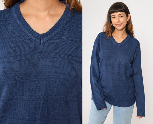 80s Dark Blue Geometric Knit V-Neck Pullover Sweater Tricot Medium M